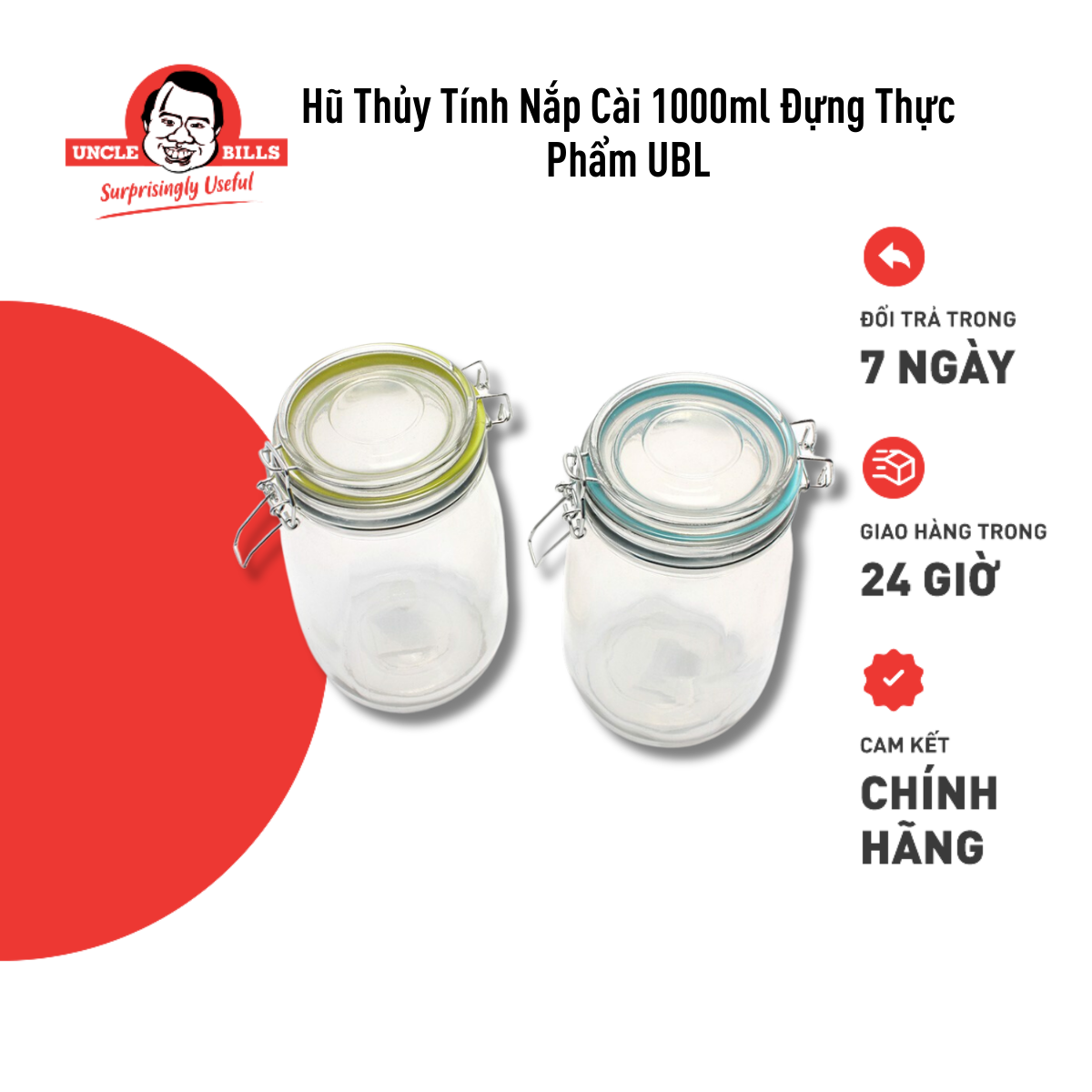 Hũ Thủy Tính Nắp Cài 1000ml Đựng Thực Phẩm Uncle Bills KS0183