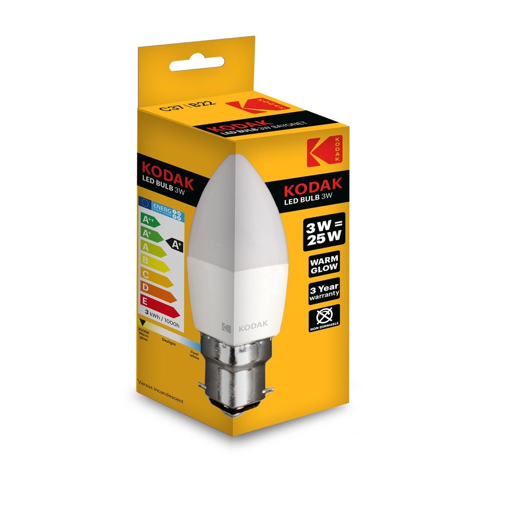 Bóng Đèn Nến KODAK Led Bulb 3W/25W C37-B22 Ánh Sáng Ấm(Vàng) Uncle Bills IL0325