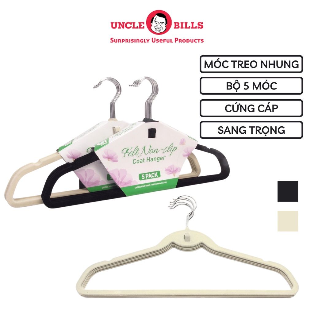 Bộ 5 móc nhung sang trọng, chất liệu nhung mềm mại Uncle Bills giúp giữ quần áo gọn gàng không mất form quần áo  BL0301