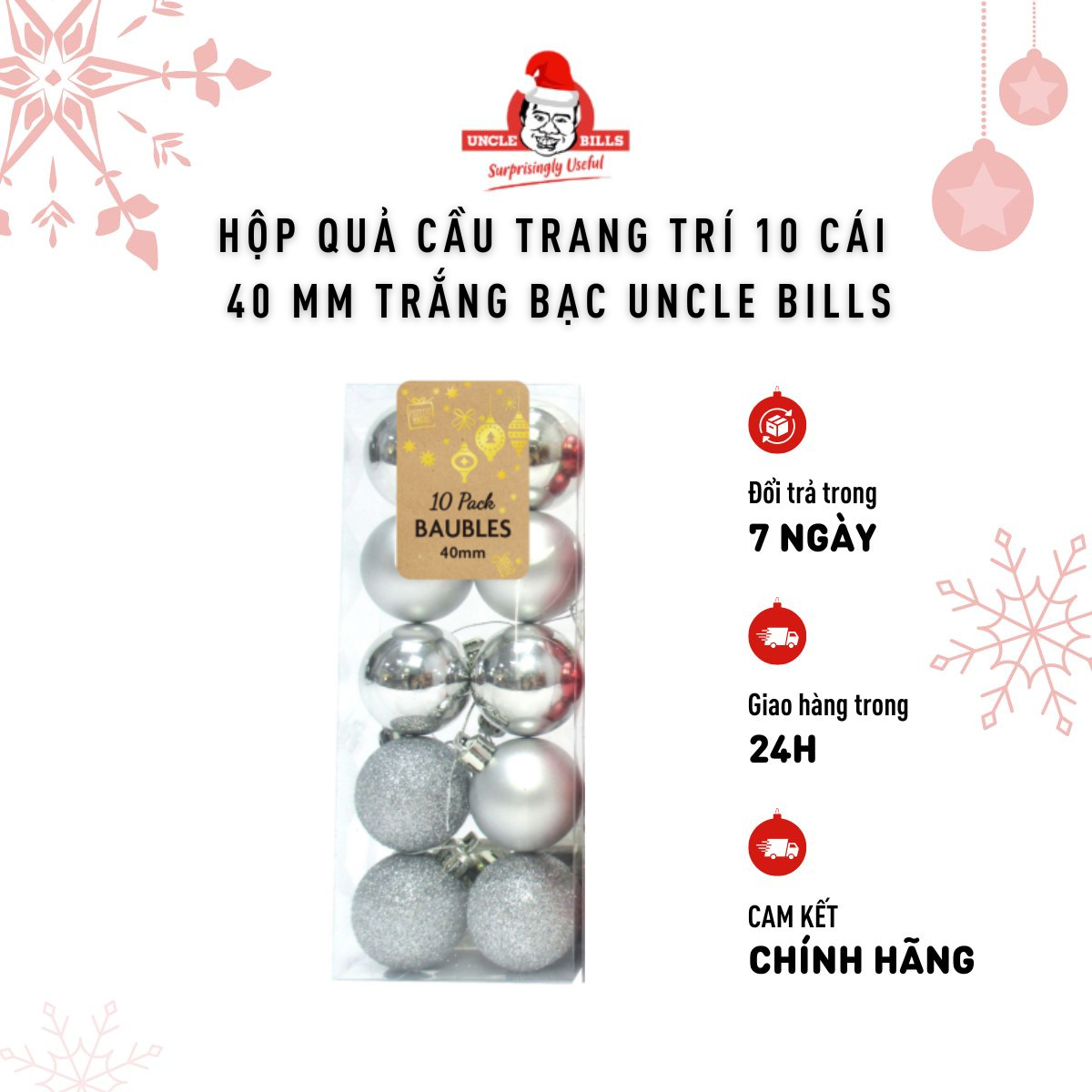 Hộp 10 Trái Châu 40mm Trang Trí Giáng Sinh Màu Trắng Bạc/Đỏ/Vàng Đồng Uncle Bills Xmas XA0419