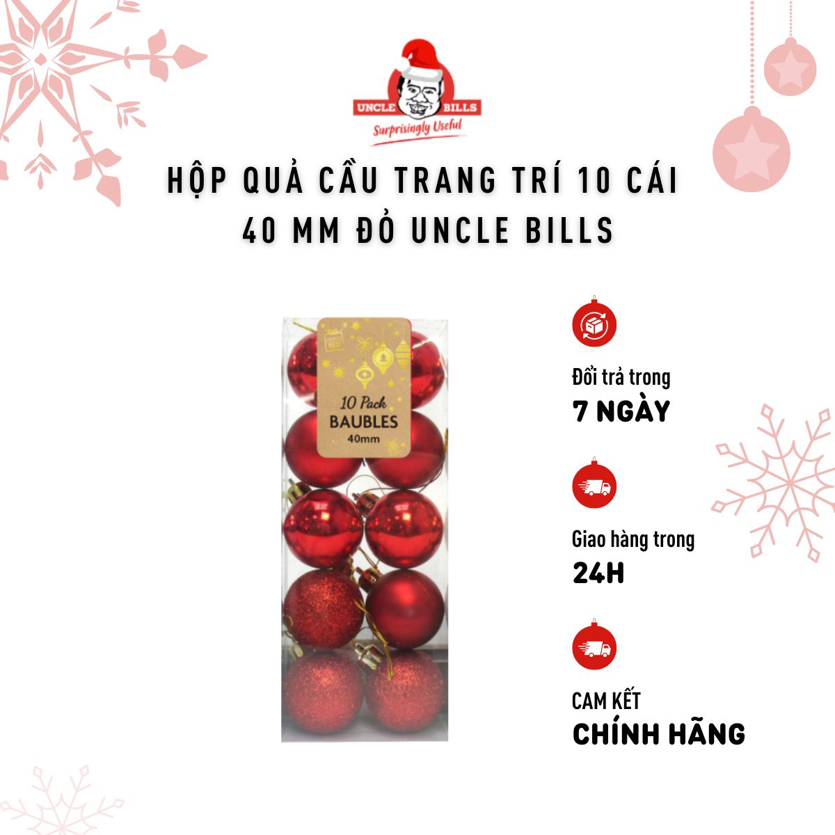 Hộp 10 Trái Châu 40mm Trang Trí Giáng Sinh Màu Trắng Bạc/Đỏ/Vàng Đồng Uncle Bills Xmas XA0419