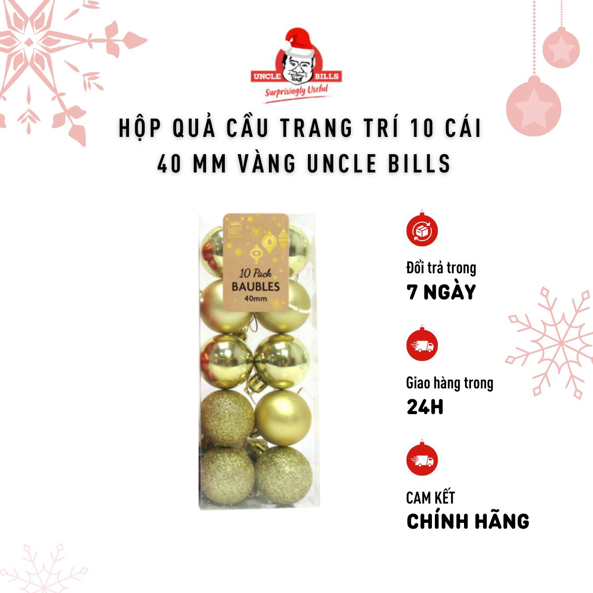 Hộp 10 Trái Châu 40mm Trang Trí Giáng Sinh Màu Trắng Bạc/Đỏ/Vàng Đồng Uncle Bills Xmas XA0419