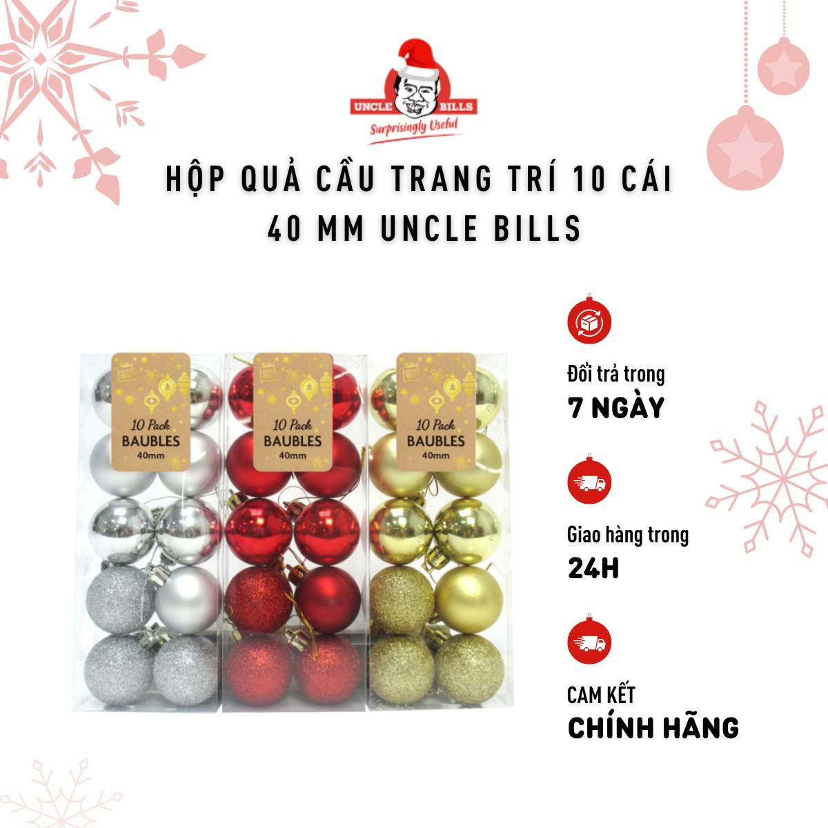 Hộp 10 Trái Châu 40mm Trang Trí Giáng Sinh Màu Trắng Bạc/Đỏ/Vàng Đồng Uncle Bills Xmas XA0419