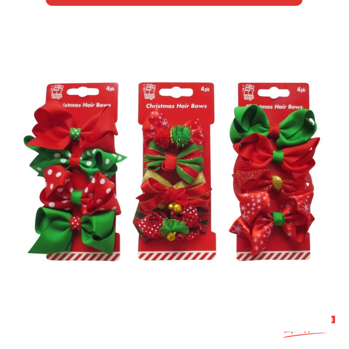 Xmas Hair Bows 4Pk 3Asst Uncle Bills XA6481