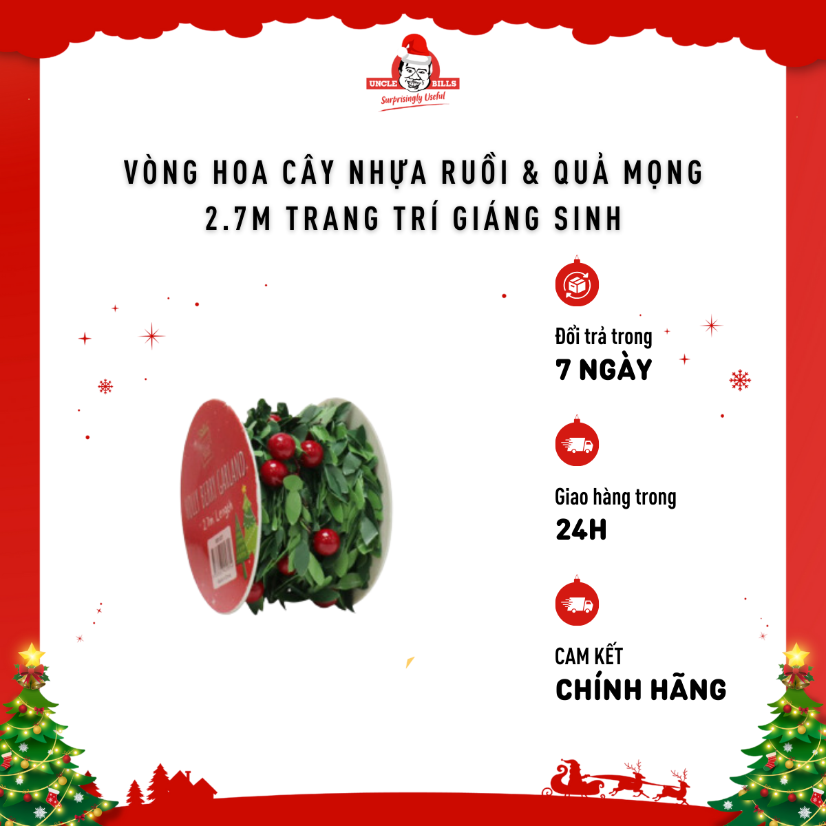 Vòng dây trang trí noel, cuộn 2.7m Uncle Bills XB1337