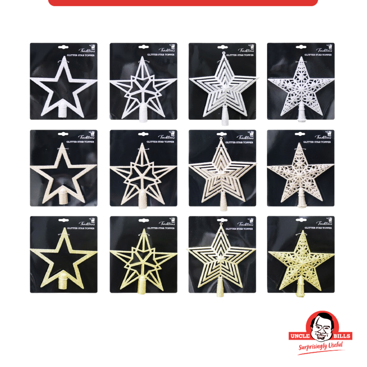 TREE TOPPER STAR 20cm 12asst Uncle Bills XB4131