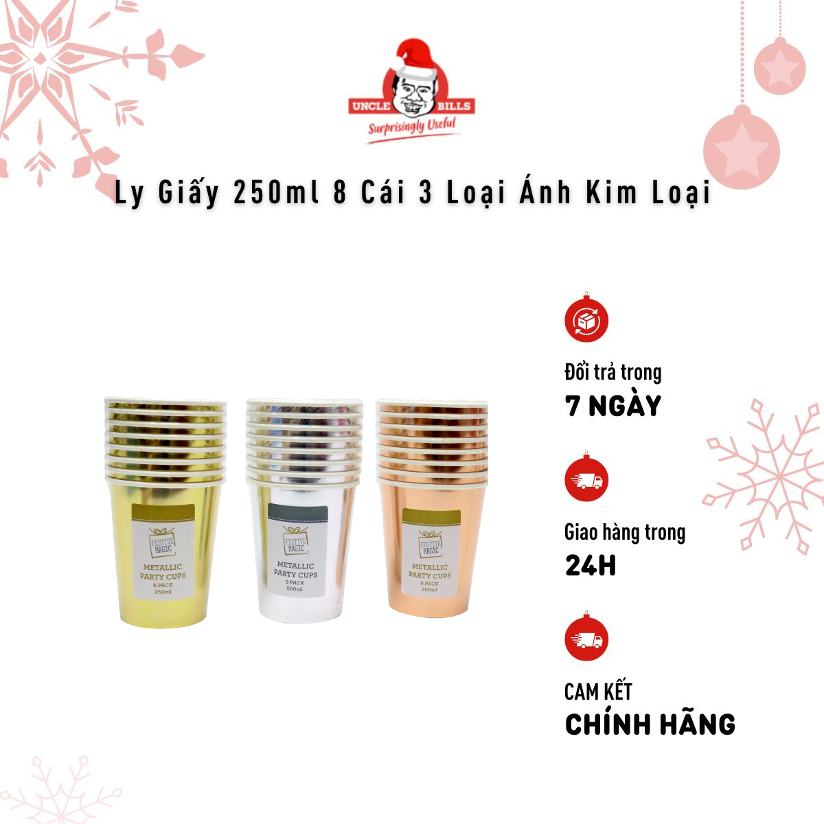 Ly Giấy 250ml 8 Cái 3 Loại UBL XB4495 Trang Trí Giáng Sinh