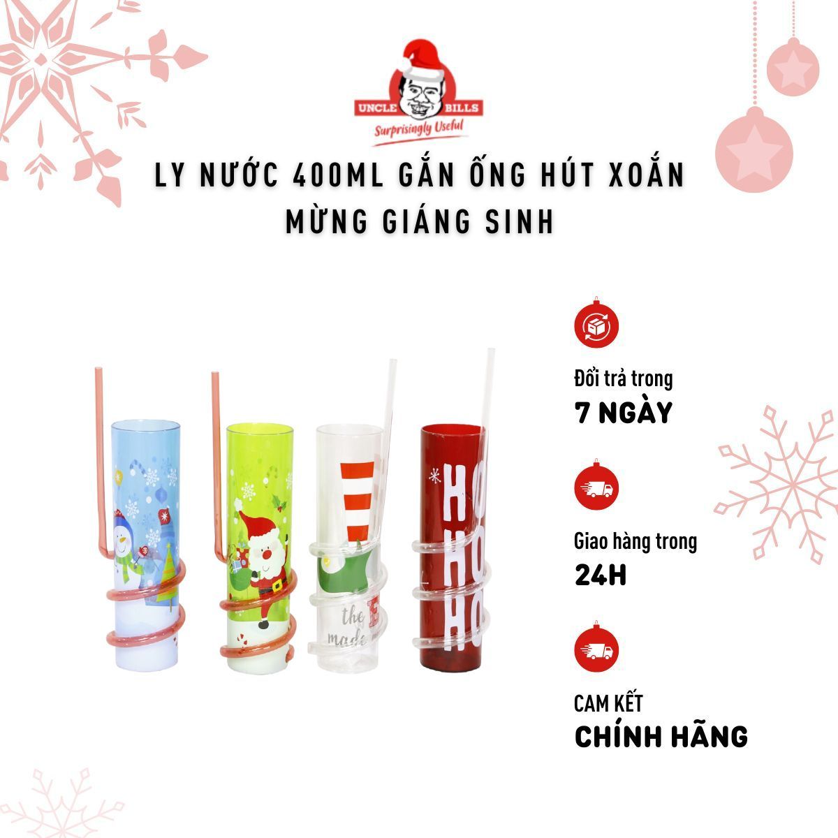 Ly Nước 400ml Có Ống Hút Xoắn Nhiều Mẫu Xmas Uncle Bills XB4503