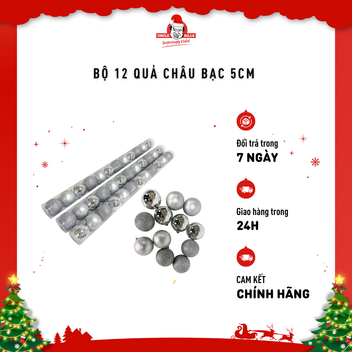 Ống Quả Châu Trang Trí Bạc 12 Cái XD0240 Uncle Bills - Đồ Trang Trí Giáng Sinh