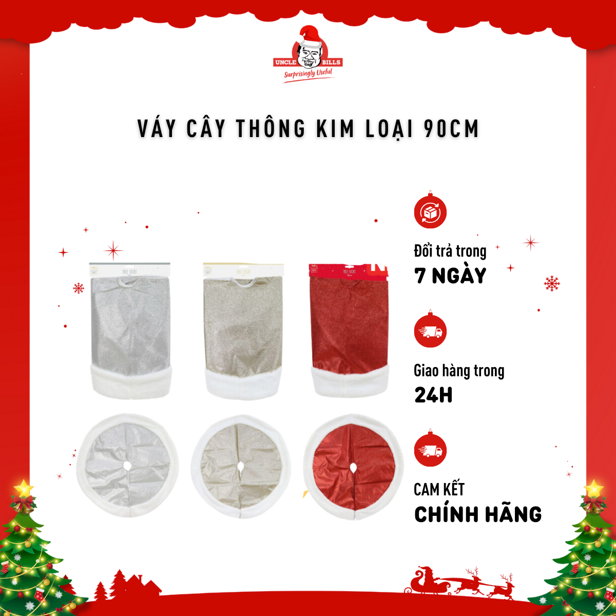 Váy cây thông ánh kim loại 90cm trang trí giáng sinh Uncle Bills XD1866