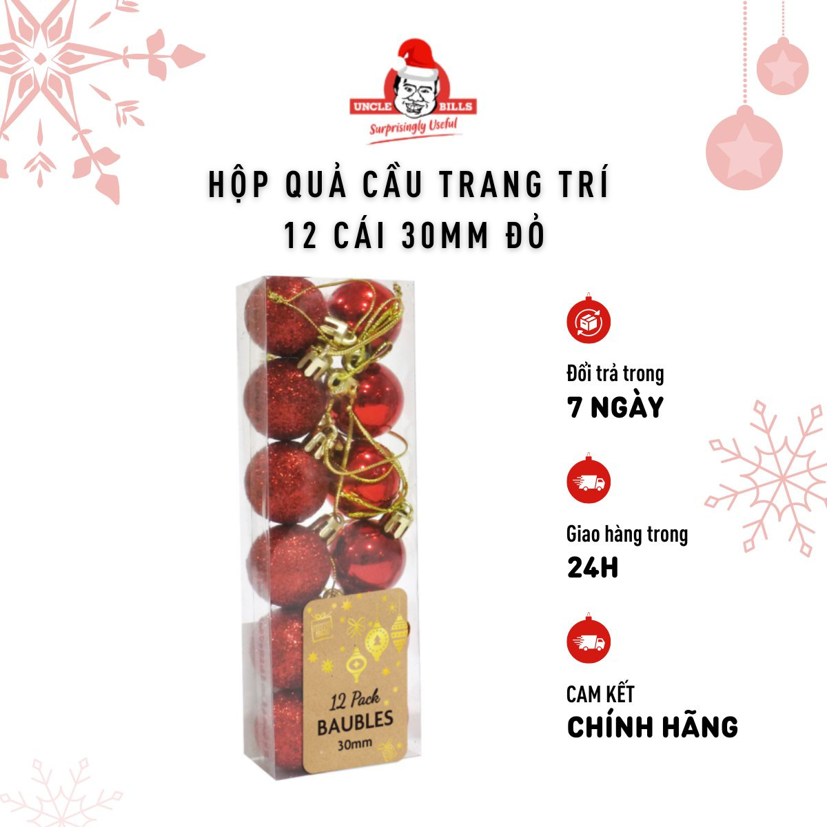 Bộ 12 Trái Châu 30mm Màu Trắng Bạc/Vàng/Đỏ Trang Trí Giáng Sinh Uncle Bills Xmas XM1450