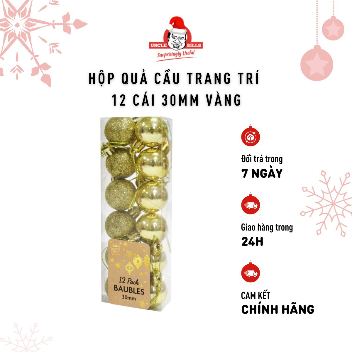 Bộ 12 Trái Châu 30mm Màu Trắng Bạc/Vàng/Đỏ Trang Trí Giáng Sinh Uncle Bills Xmas XM1450