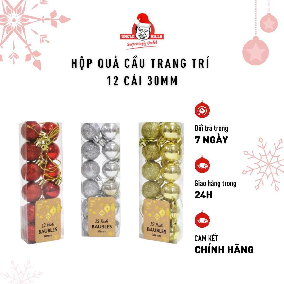 Bộ 12 Trái Châu 30mm Màu Trắng Bạc/Vàng/Đỏ Trang Trí Giáng Sinh Uncle Bills Xmas XM1450