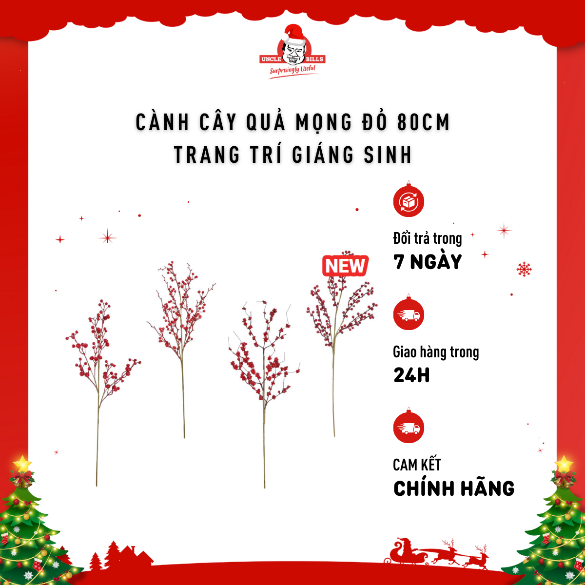 Cành cây quả mọng đỏ 80cm trang trí Giáng Sinh Uncle Bills XM4067