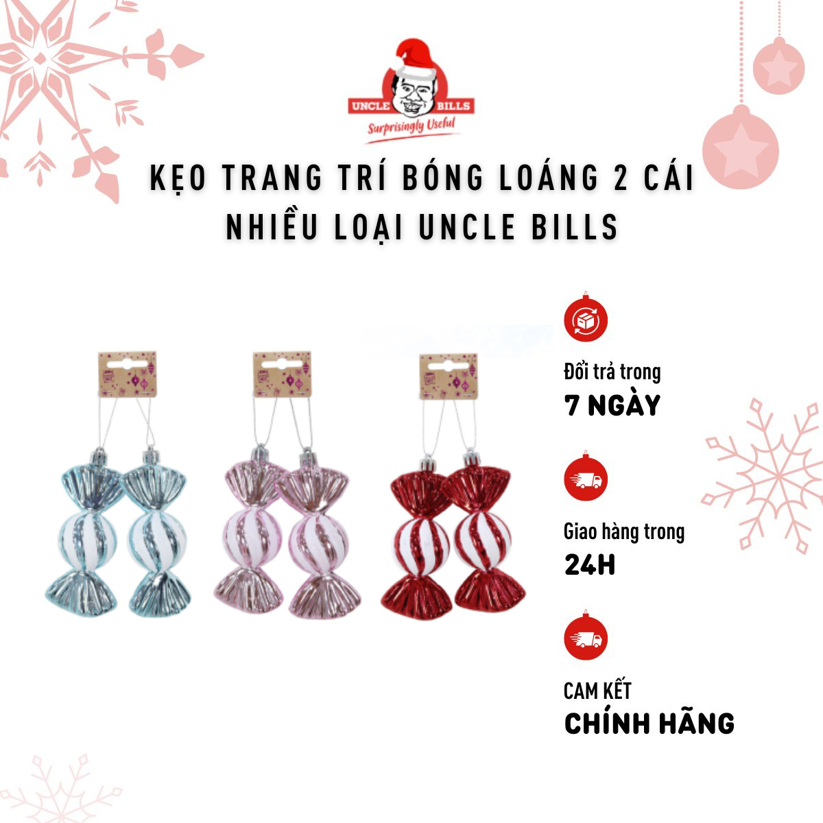 Bộ 2 Kẹo Ngọt Treo Trang Trí Giáng Sinh Cây Thông Màu Xanh/Hồng/Đỏ Uncle Bills Xmas XM4198