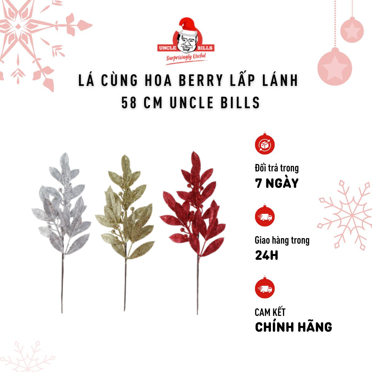 Cành Cây Kèm Qủa Mọng Berries 58cm Trang Trí Giáng Sinh 3 Màu Trắng/Vàng/Đỏ Uncle Bills Xmas XM4301