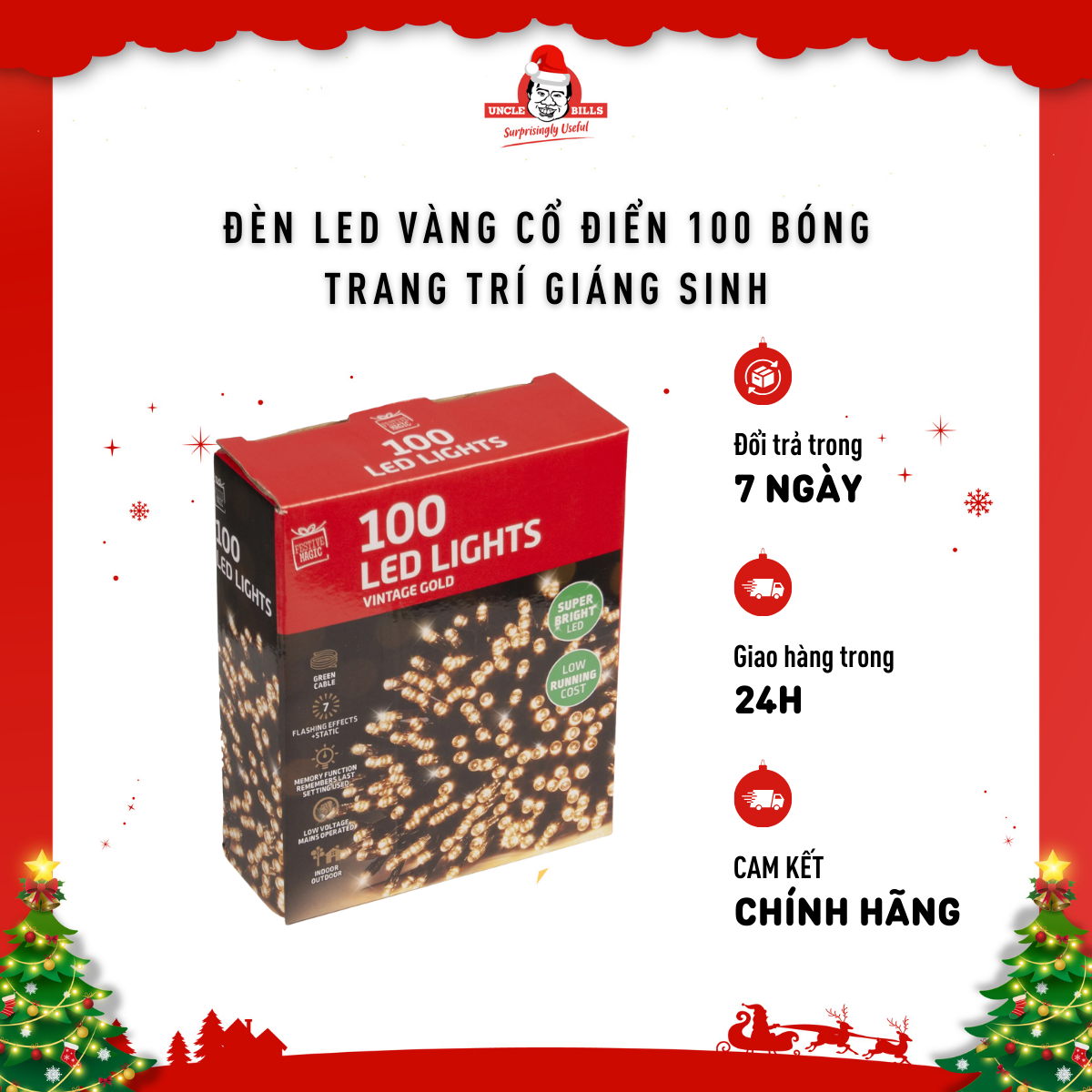 Đèn LED 100 Bóng Màu Vàng Cổ Điển trang trí giáng sinh Uncle Bills XM4649