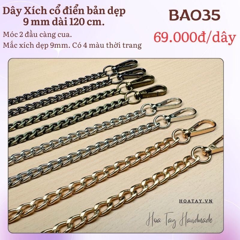 BA035 - Dây Xích Cổ Điển Dài 120cm: Khóa 2 Đầu Càng Cua Thiết Kế Cổ Điển Sang Trọng.