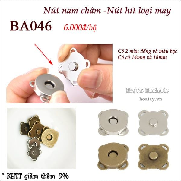 BA046 - Nút nam châm - Nút hít làm túi ví loại may - nam châm chất lượng cao, nút hít này có khả năng giữ chắc chắn và dễ dàng lắp đặt trên các loại túi ví.