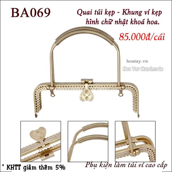 Quai túi kẹp - Khung ví hình chữ nhật khoá hoa BA069