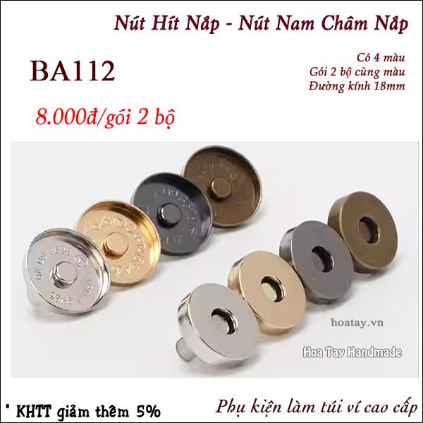 Nút Nam Châm Nắp - Nút Hít Nắp 18mm BA112 Làm Túi Ví Thủ Công