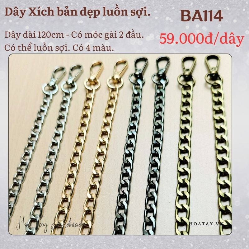 Dây xích bản dẹp luồn sợi, bản rộng 9mm dài 120cm có móc gài BA114