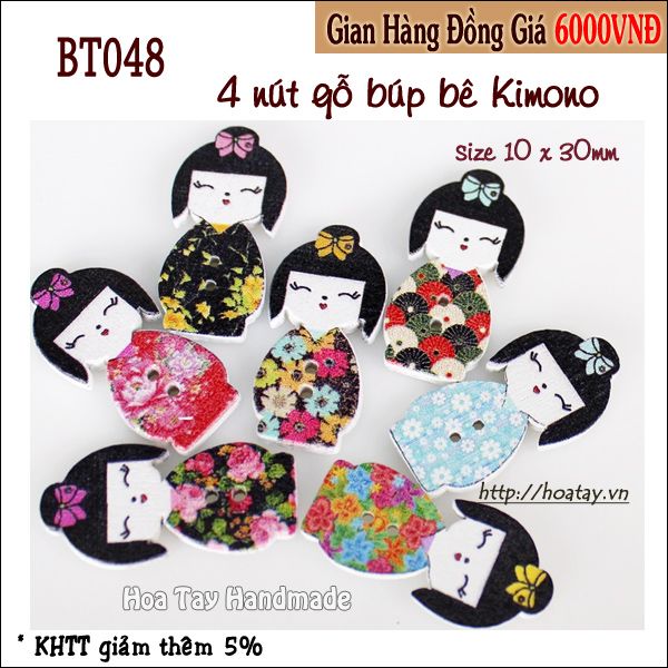 Nút gỗ trang trí búp bê Kimono BT048