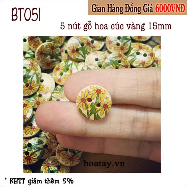 Nút gỗ hoa cúc vàng 15mm BT051