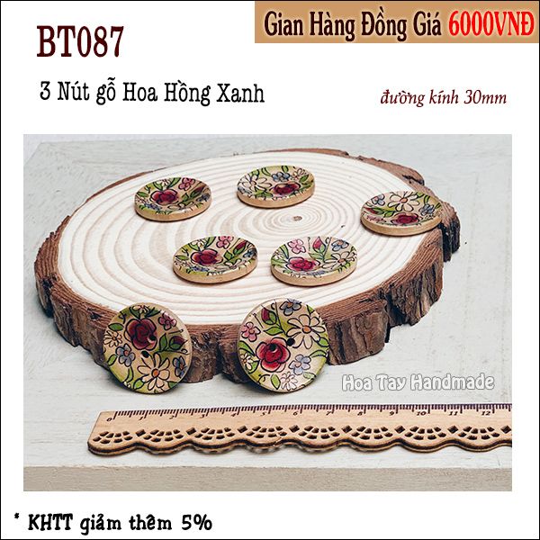 Nút Gỗ 3cm Hoa Hồng Xanh BT087