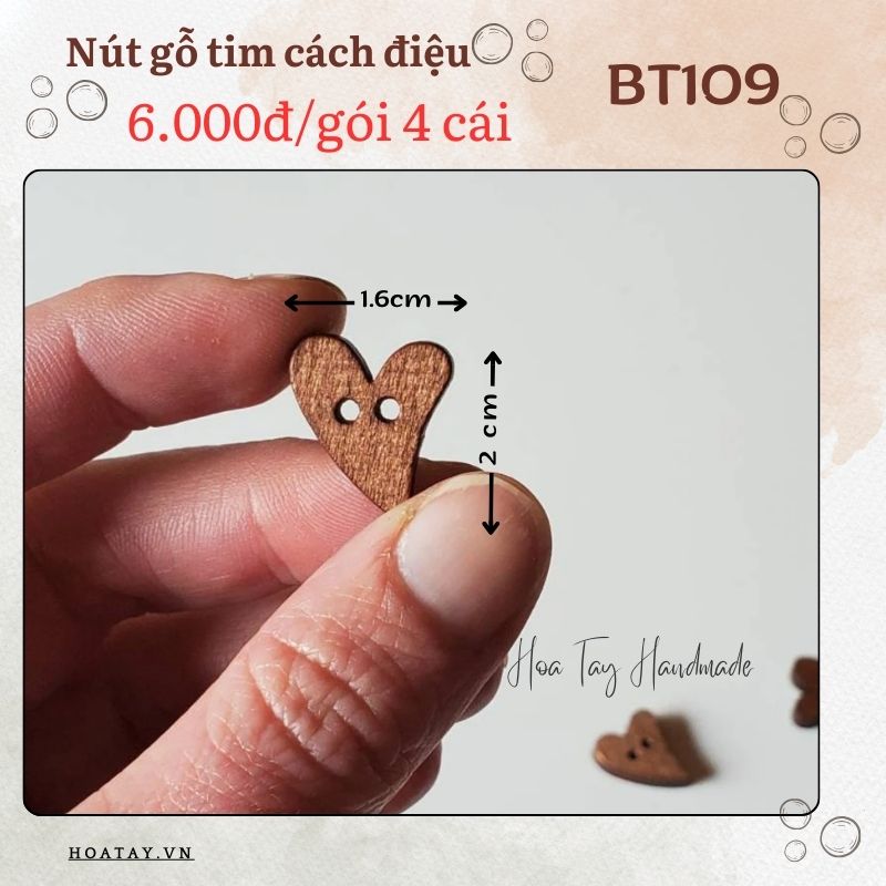 Phụ Kiện Thủ Công Handmade BT109 - Set 4 Nút Gỗ Hình Trái Tim Cách Điệu –  Trang Trí Áo, Quần, Túi Xách, Thiệp – Chất Liệu Gỗ Tự Nhiên Bền Đẹp .
