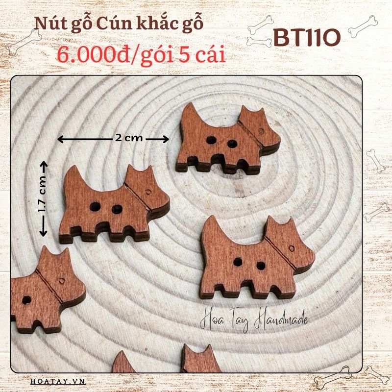 BT110 – Set 5 Nút Gỗ Cún Con dễ thương – Trang Trí Áo, Quần, Túi Xách – Chất Liệu Gỗ Tự Nhiên Bền Đẹp– Hoàn Hảo Cho Các Dự Án Thủ Công và May Vá