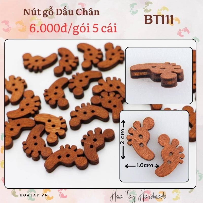 Phụ Kiện Thủ Công Handmade BT111 – Set 5 Nút Gỗ Dấu Chân Đáng Yêu – Trang Trí Áo, Quần, Túi Xách – Chất Liệu Gỗ Tự Nhiên Bền Đẹp– Hoàn Hảo Cho Các Dự Án Thủ Công và May Vá
