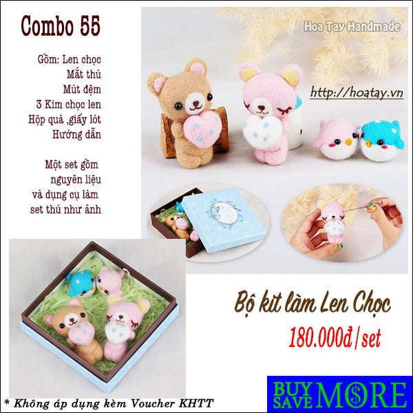 Combo 55 - Bộ kit làm len chọc cặp gấu ôm tim và chim bồ câu