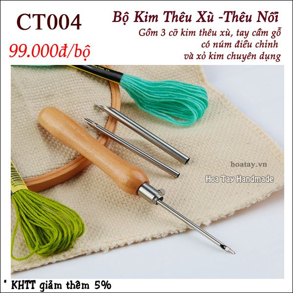 Bộ Kim Thêu Xù, Thêu Nổi bằng gỗ 3 đầu kim có núm điều chỉnh CT004 - Hoa Tay Handmade