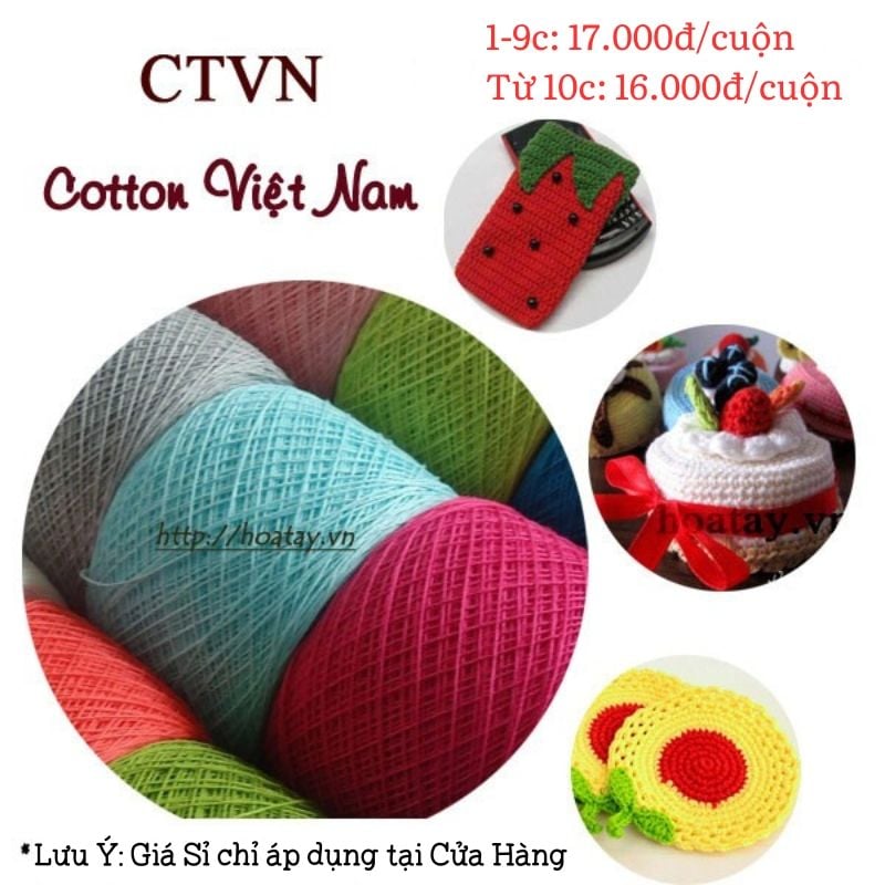 Sợi Cotton Việt Nam 1mm dùng móc các sản phẩm trang trí, khăn trải bàn, lót ly, túi xách, móc khoá, thú bông nhỏ, hoa trang trí...