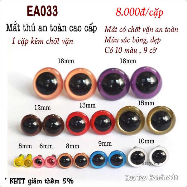 Mắt thú an toàn cao cấp  kèm chốt vặn có 10 màu 9 cỡ, dùng làm thú bông, amigurumi- EA033
