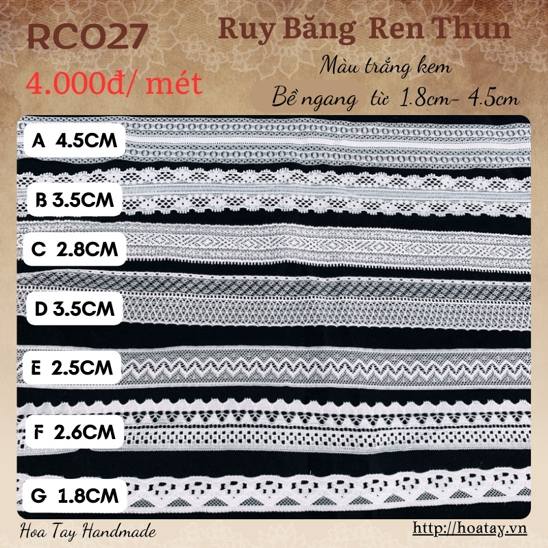 Ruy Băng Ren Thun màu trắng kem bản 1.8cm đến 4.5cm. RC027