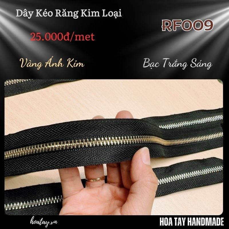 Dây Kéo Răng Kim Loại Theo Mét Kèm Đầu Khóa và Đuôi Chặn Rời - Nhiều Lựa Chọn Màu Vàng, Bạc RF009
