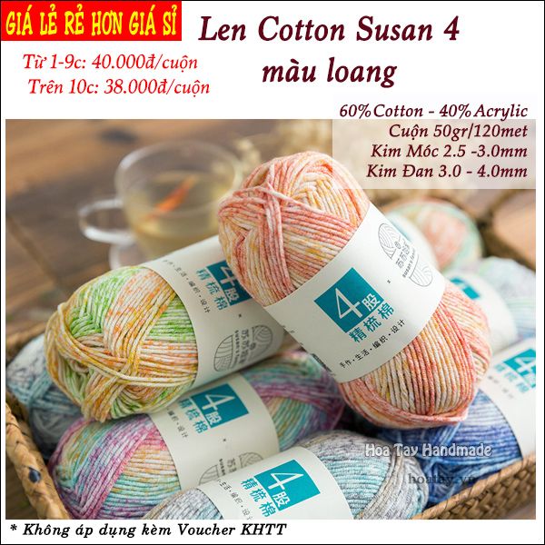 Len sợi Cotton Susan 4 màu loang dùng đan móc thủ công.
