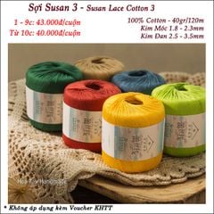 Sợi Susan 3 - Susan Lace Cotton 3, sợi đan móc áo váy mùa hè, bikini, croptop, thú bông nhỏ.