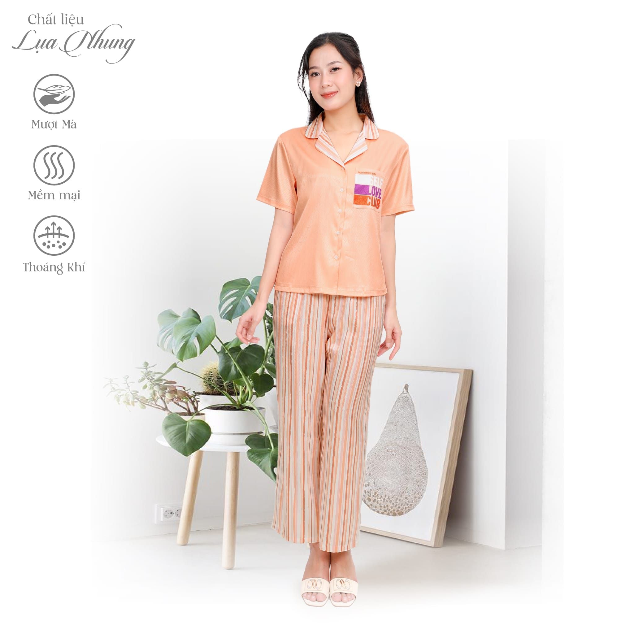 Set đồ bộ nữ kiểu quần dài tay ngắn in hoa chất lụa nhung BDTN 263p 6056