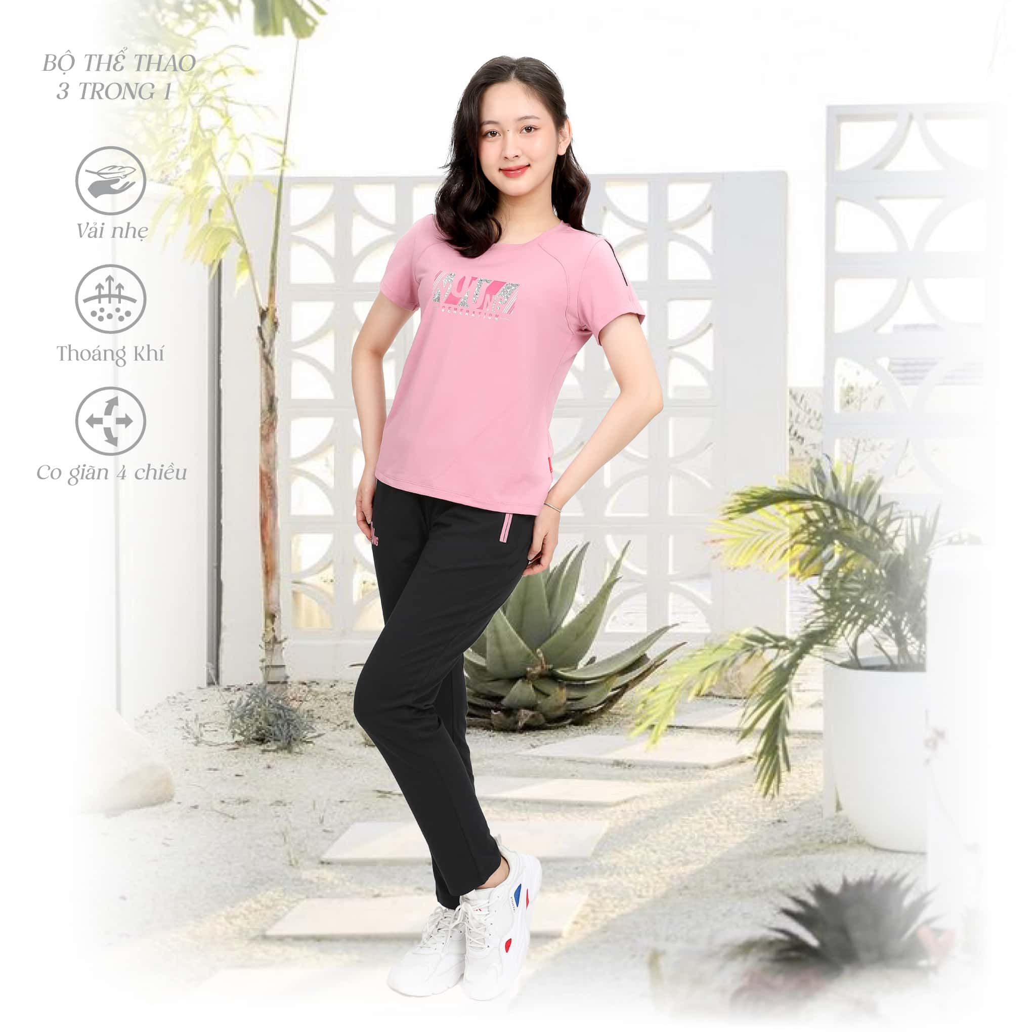 Set đồ bộ nữ kiểu quần dài tay ngắn thể thao 3 trong 1 chất poly cát 313p 3372