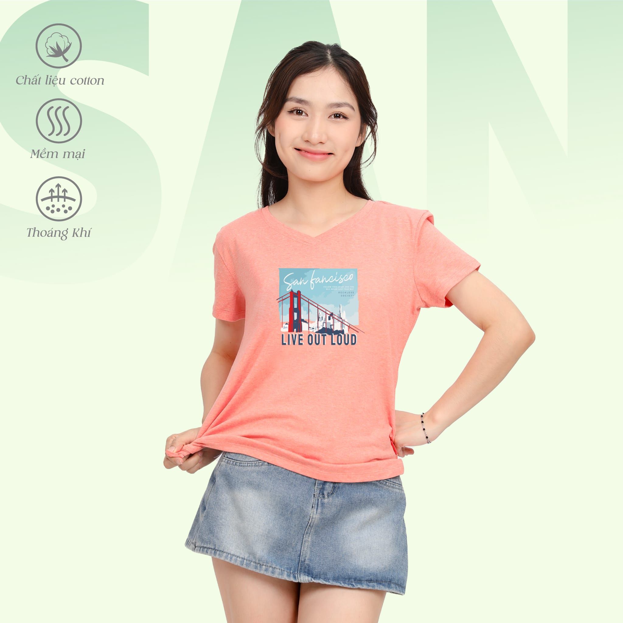 Áo thun nữ form suông cổ tim chất cotton siêu mát 190p 0326