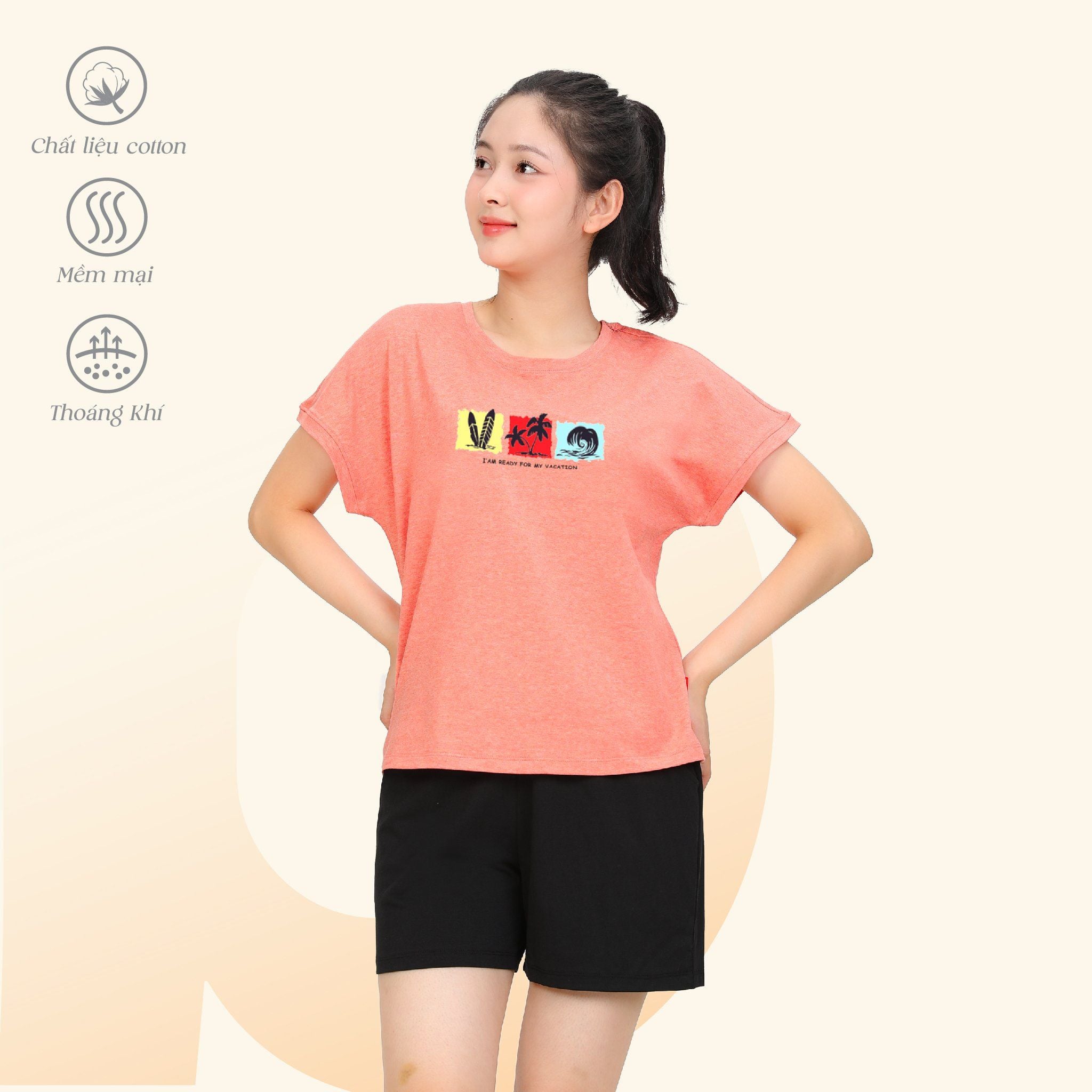 Áo thun nữ tay ngắn cổ tròn tay liền form suông chất cotton siêu mát 190p 0108