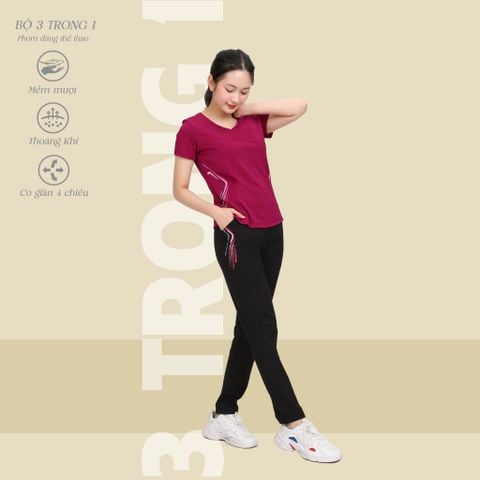 Set đồ bộ nữ kiểu quần dài tay ngắn thể thao 3 trong 1 chất poly thái 313p 3389
