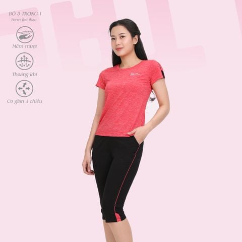 Bộ nữ thể thao tập gym, yoga kiểu quần lửng tay ngắn 3 trong 1 chất melan lưới 344p 4303