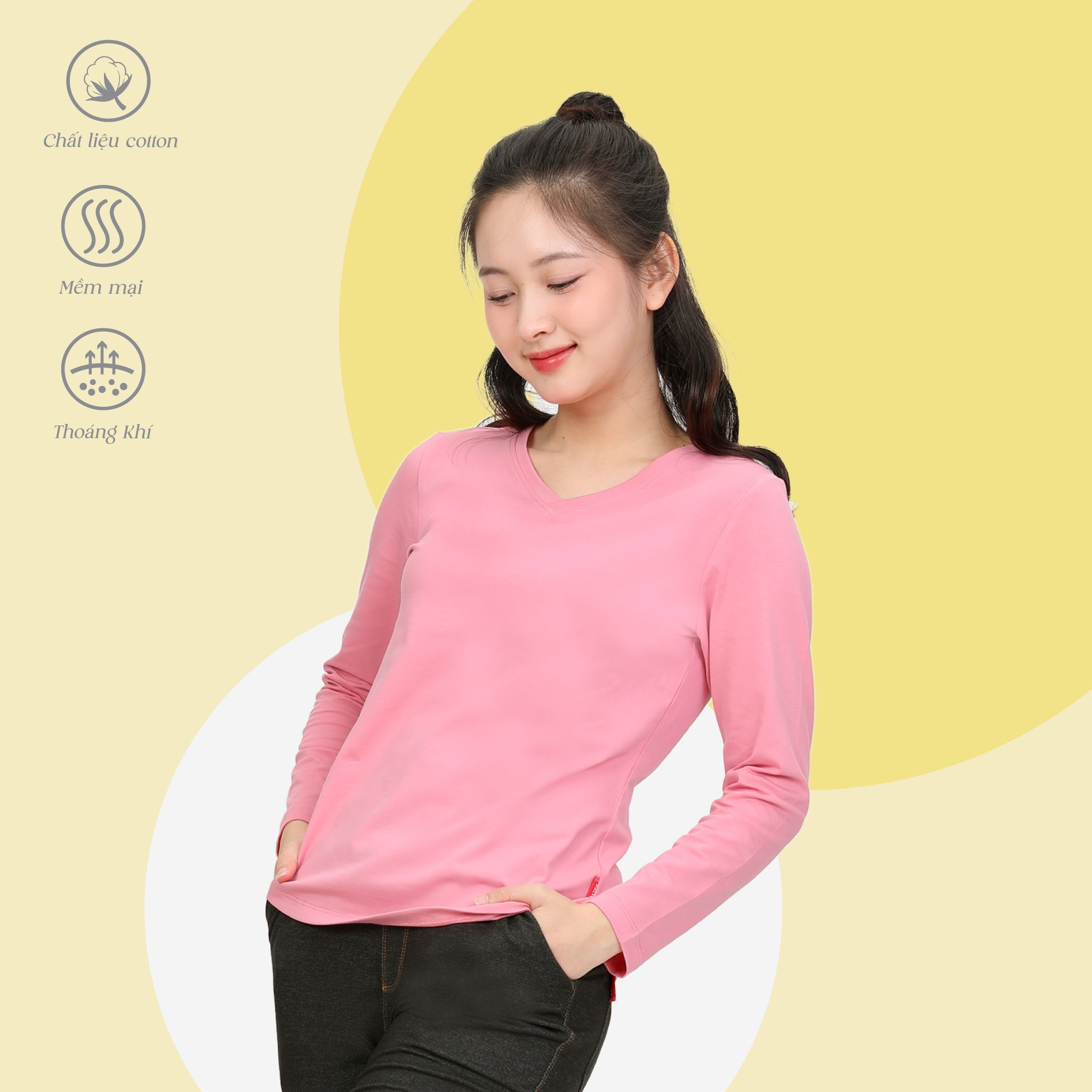 Áo thun nữ tay dài Cổ Tim chất cotton siêu mát 020p 0264