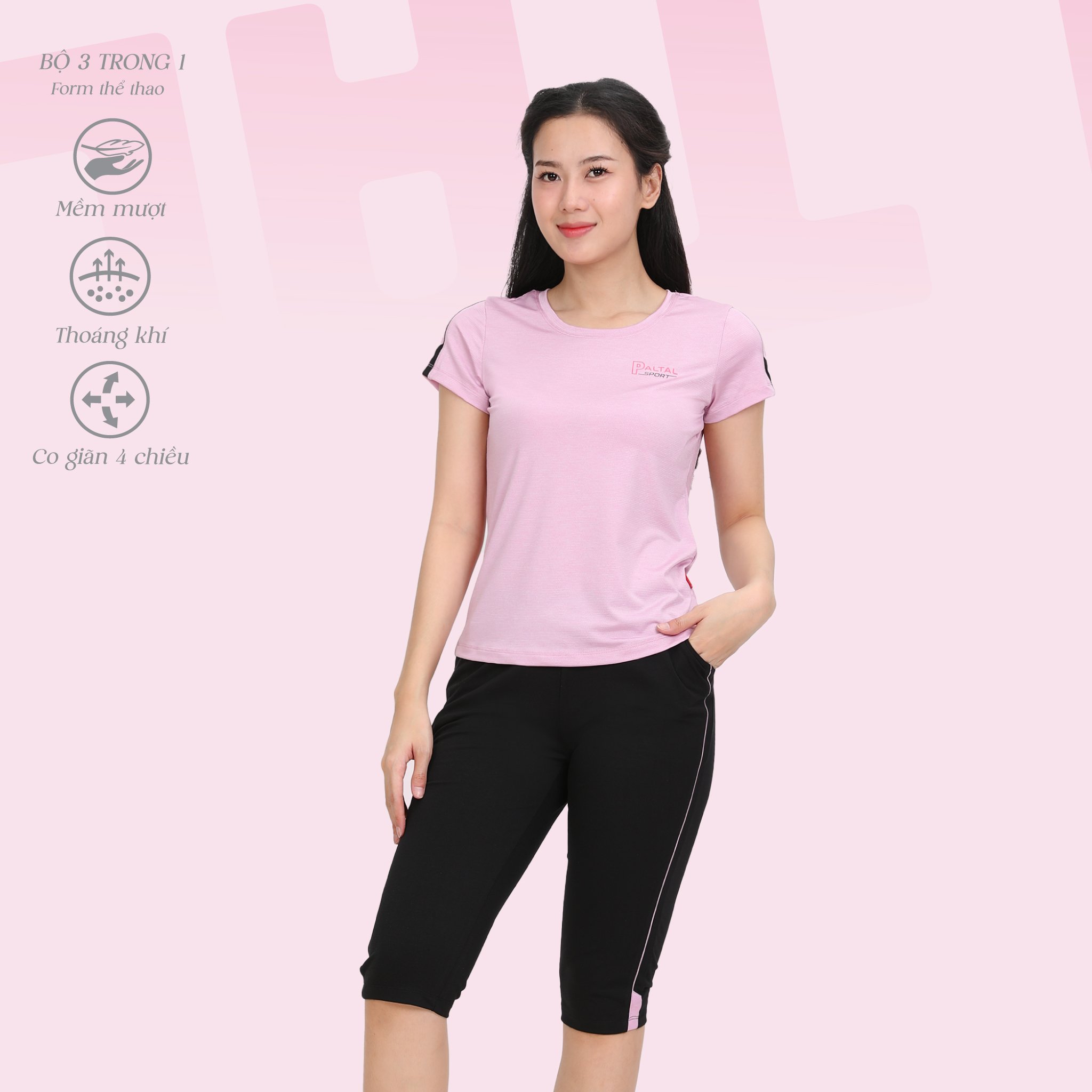 Đồ bộ nữ thể thao tập gym, yoga kiểu quần lửng tay ngắn 3 trong 1 melan lưới 344p 4303