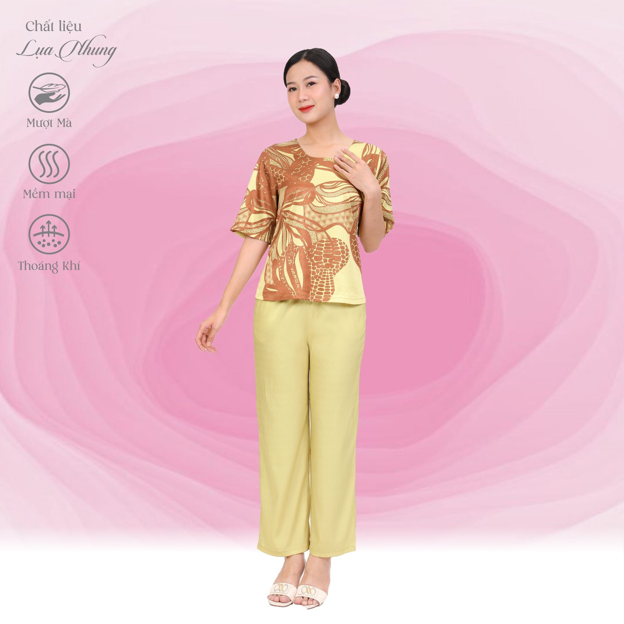 Set đồ bộ nữ kiểu quần dài tay ngắn chất lụa nhung 263p 6066