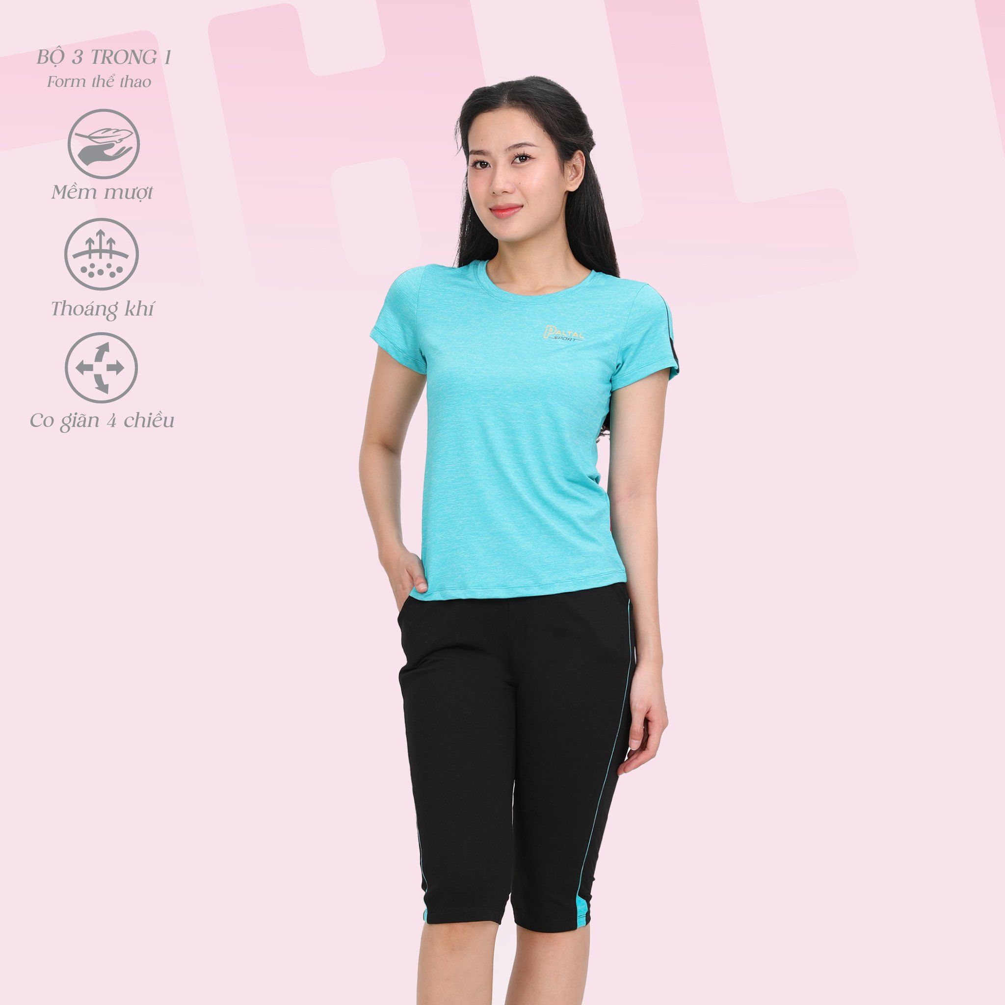 Bộ nữ thể thao tập gym, yoga kiểu quần lửng tay ngắn 3 trong 1 chất melan lưới 344p 4303